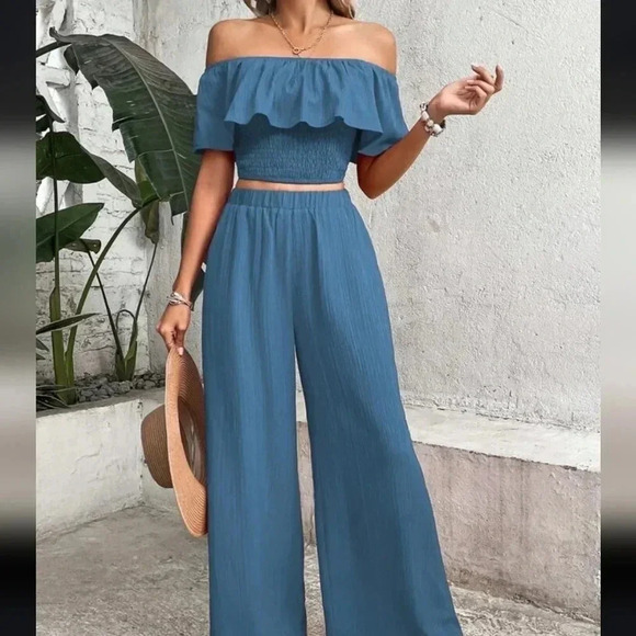 Women's Off-Shoulder Ruffle Trim Top And Wide Leg Pants Two Piece Set - Picture 4 of 6